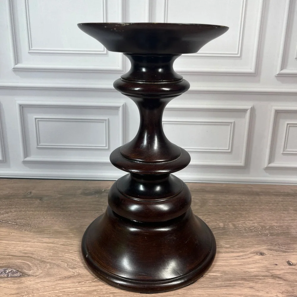 Pottery Barn Turned Wood Pillar Candle Holder Set 2 10in Dark Brown Espresso